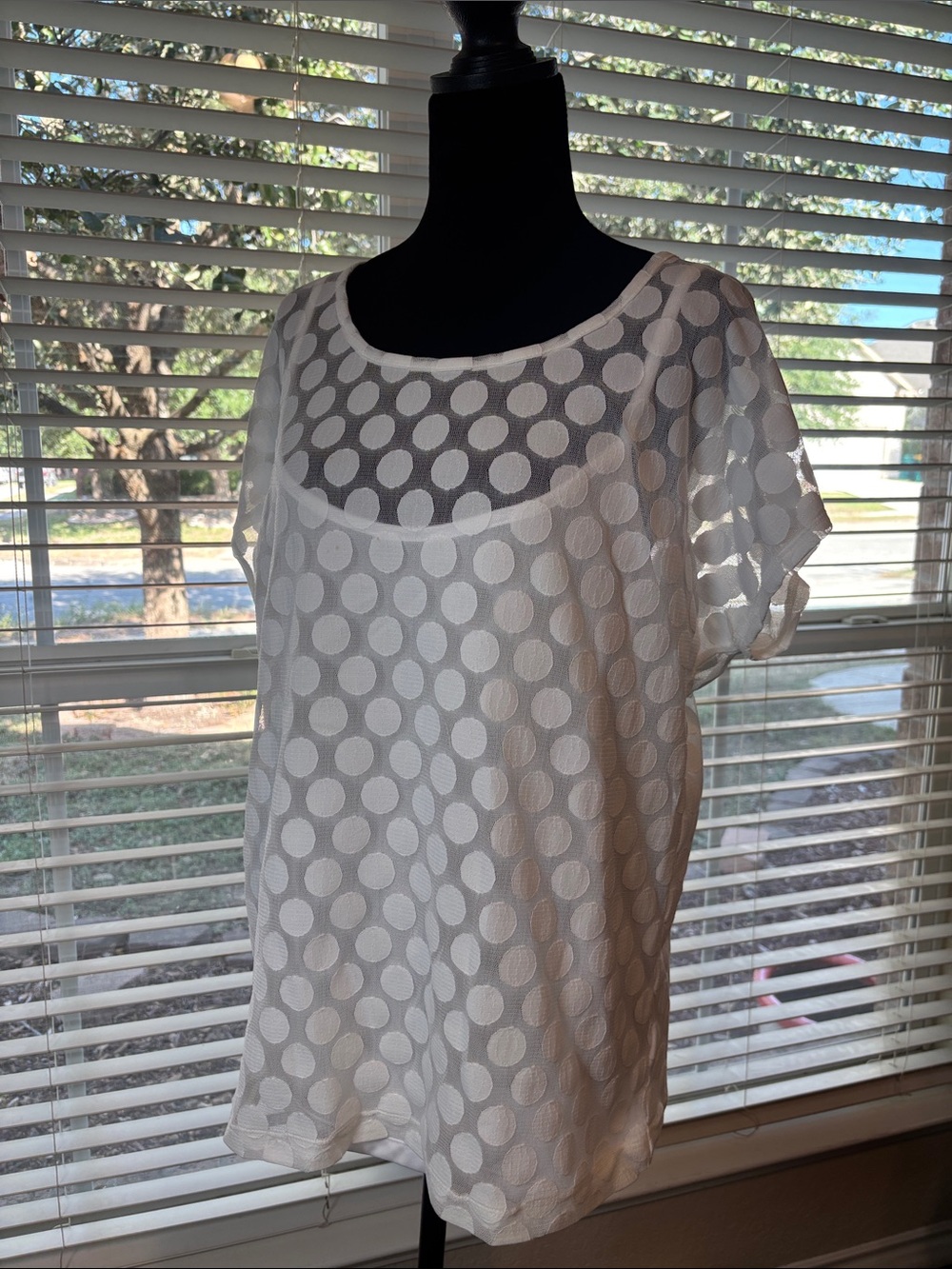 Liz Claiborne White Sheer Polka Dot Short Sleeve Top